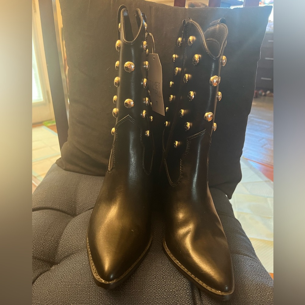 Time and Tru Black Heeled Boots with silver Studs
